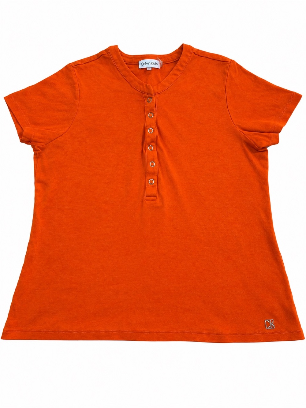 Calvin Klein Womens L Orange Grommet Henley Short Sleeve Top CK Logo
